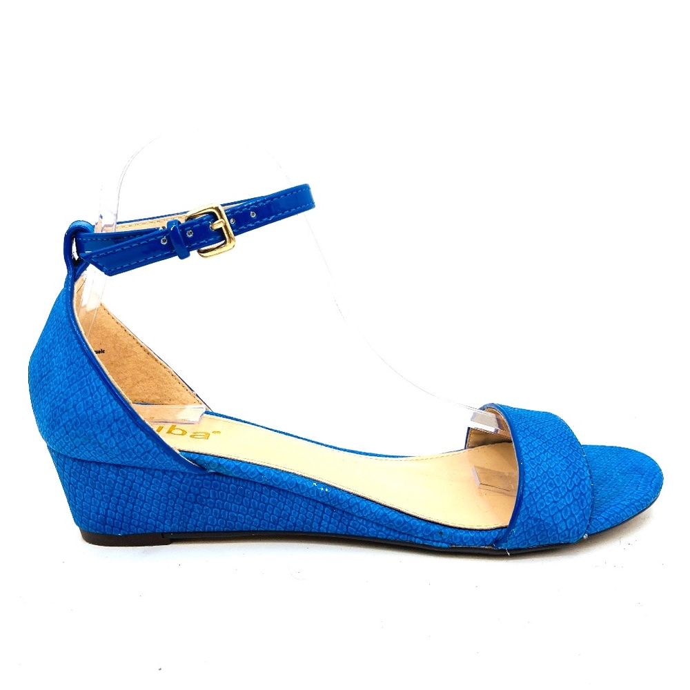 DIBA Cobalt Blue Embossed Snake Skin Short Wedge Ankle Strap Sandal Shoes 8.5